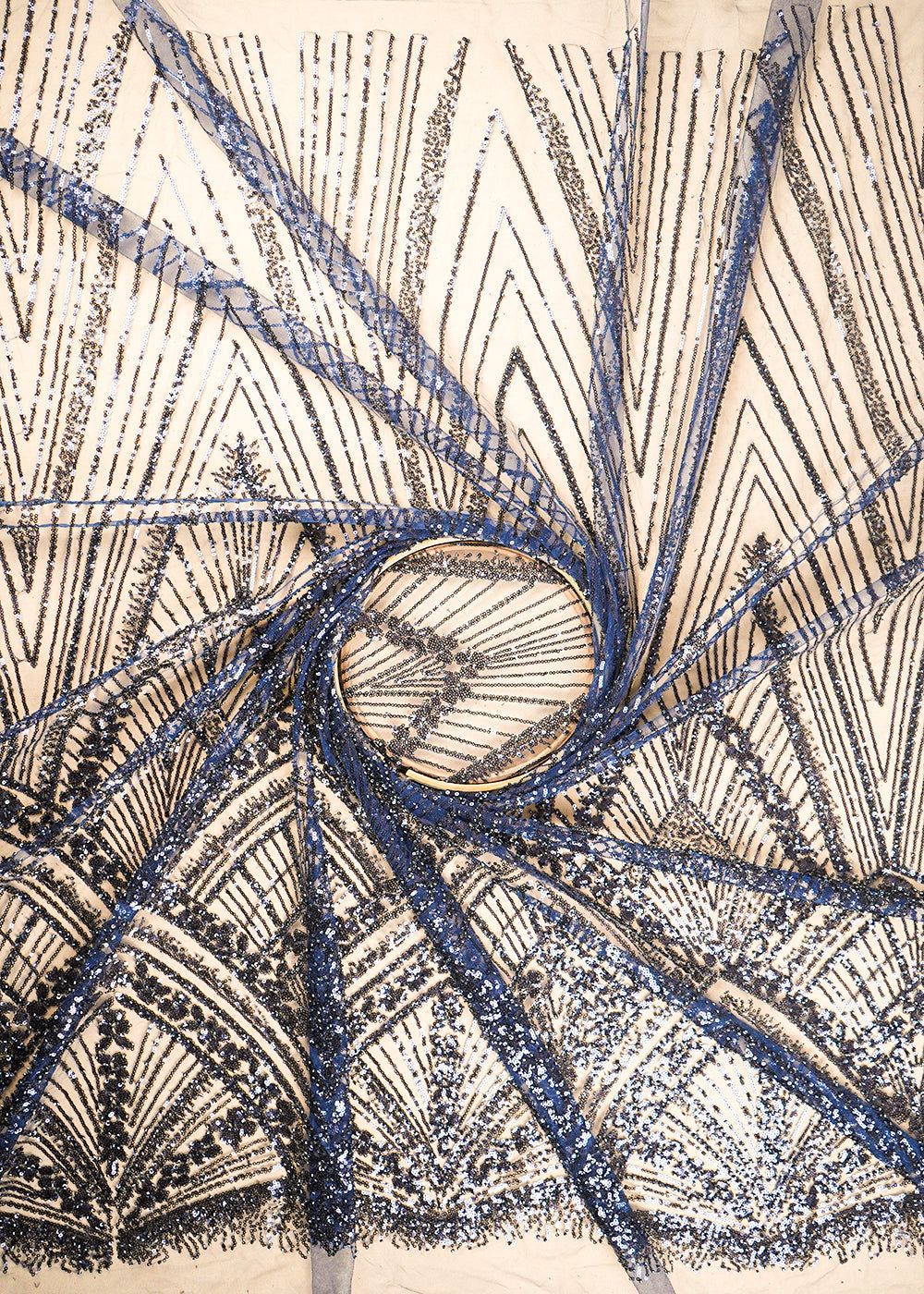 Navy Blue Net Fabric With All Over Sequins And Bead Work With One Side Scalloped Border 22911