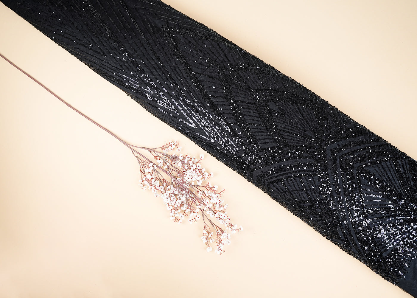 Black Net Fabric With All Over Sequins And Bead Work With One Side Scalloped Border 22912