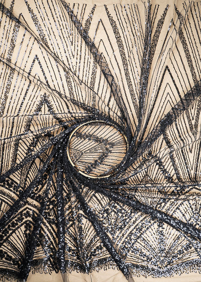 Black Imported Net Fabric With All Over Sequins And Bead Work With One Side Scalloped Border 22912