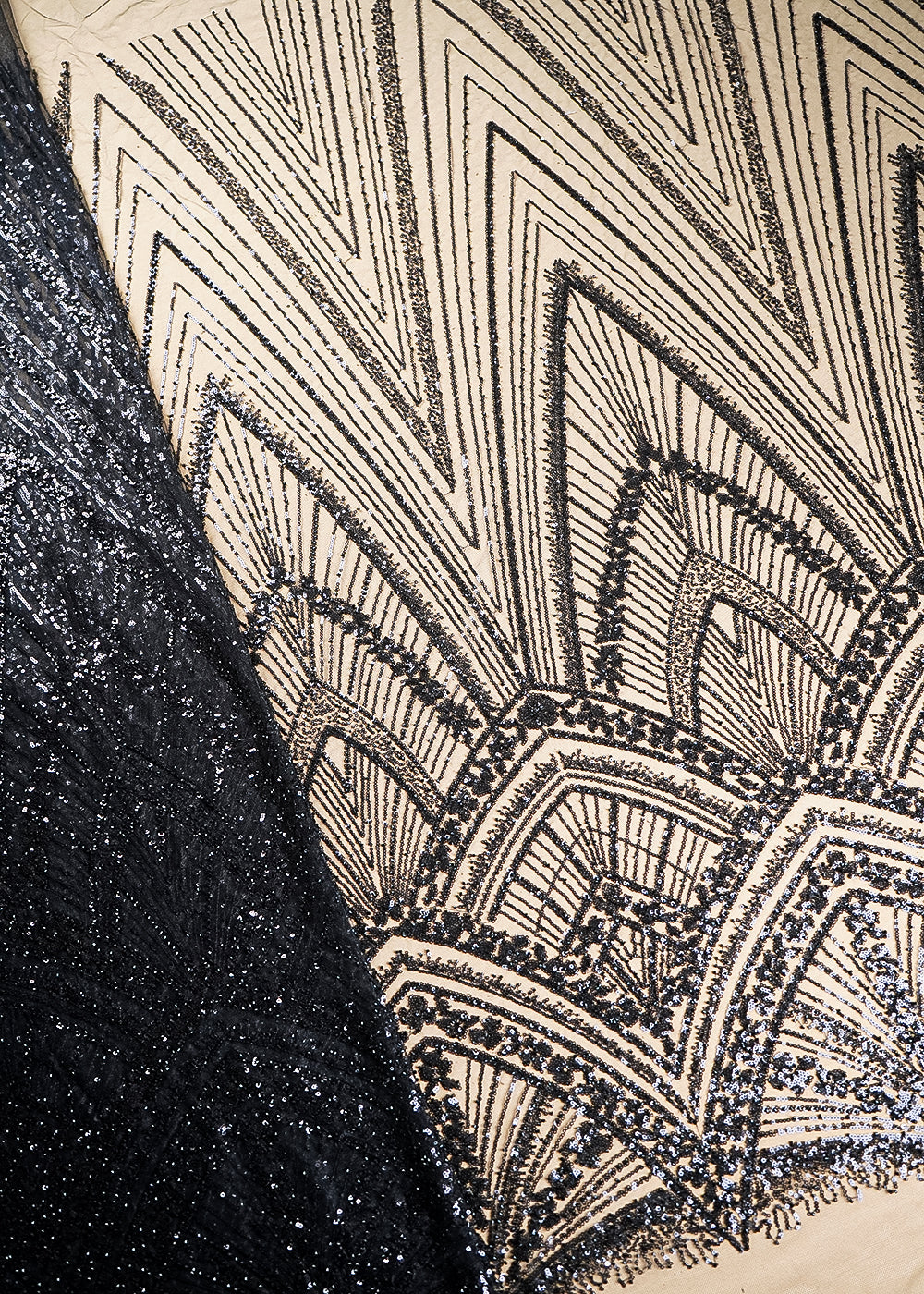 Black Net Fabric With All Over Sequins And Bead Work With One Side Scalloped Border 22912