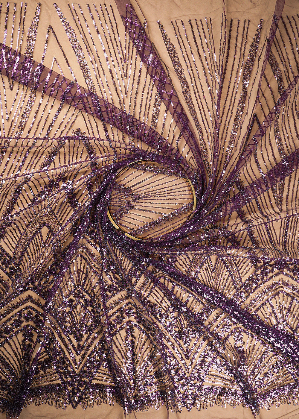 Wine Net Fabric With All Over Sequins And Bead Work With One Side Scalloped Border 22913