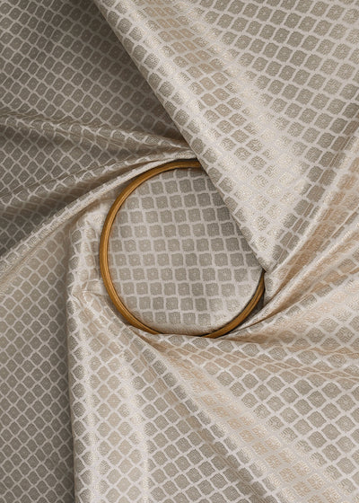 White Banarasi Brocade Fabric With All Over Silver And Golden Zari Handloom  22916