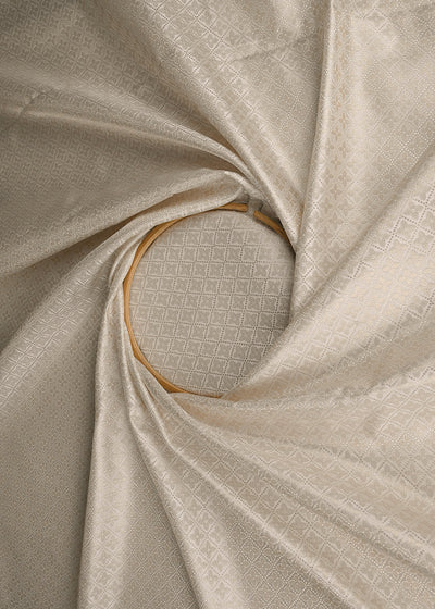 White Banarasi Brocade Fabric With All Over Silver And Golden Zari Handloom  22929