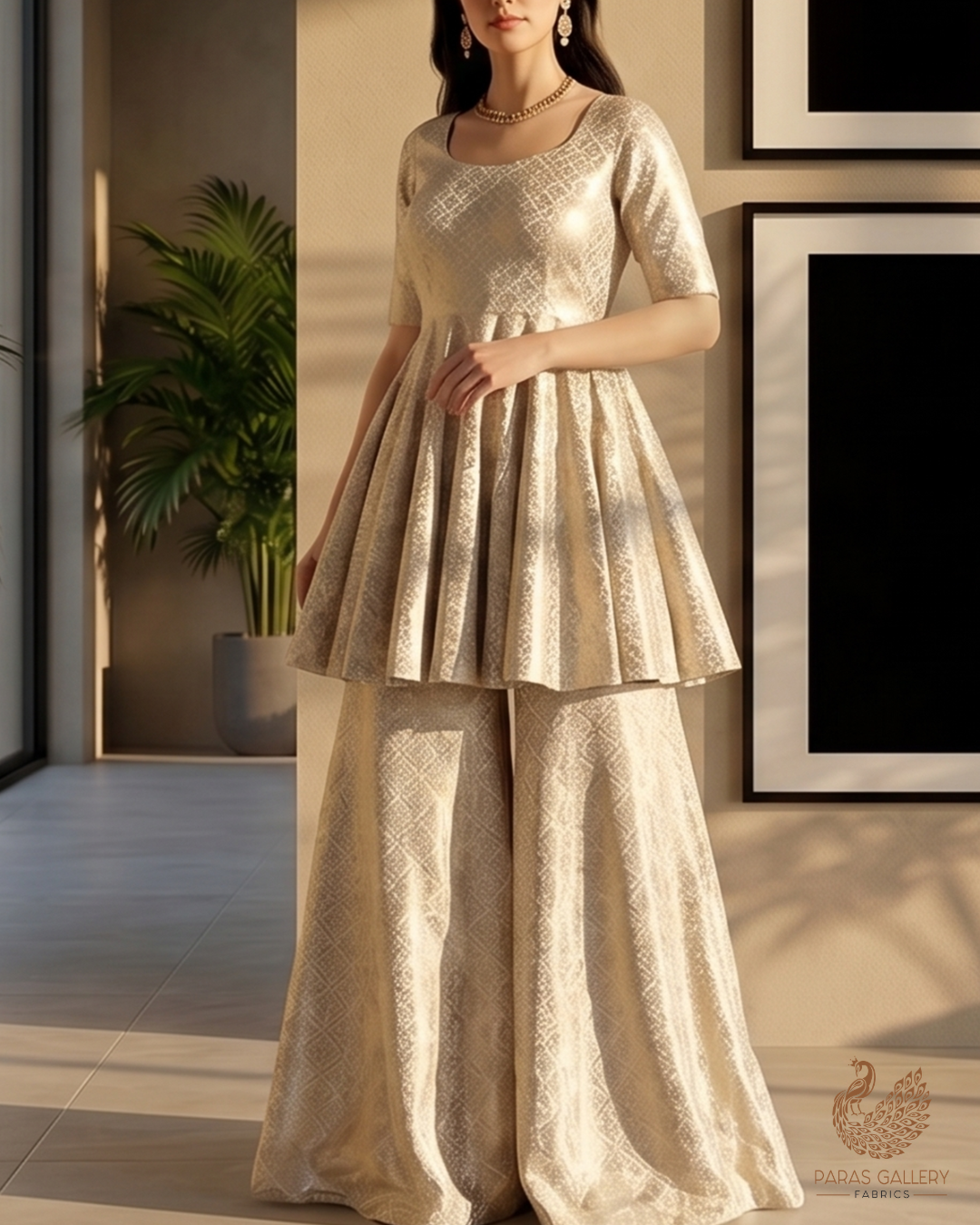 White Banarasi Brocade Fabric With All Over Silver And Golden Zari Handloom  22929