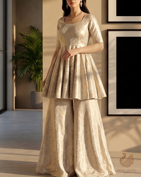 White Banarasi Brocade Fabric With All Over Silver And Golden Zari Handloom  22929