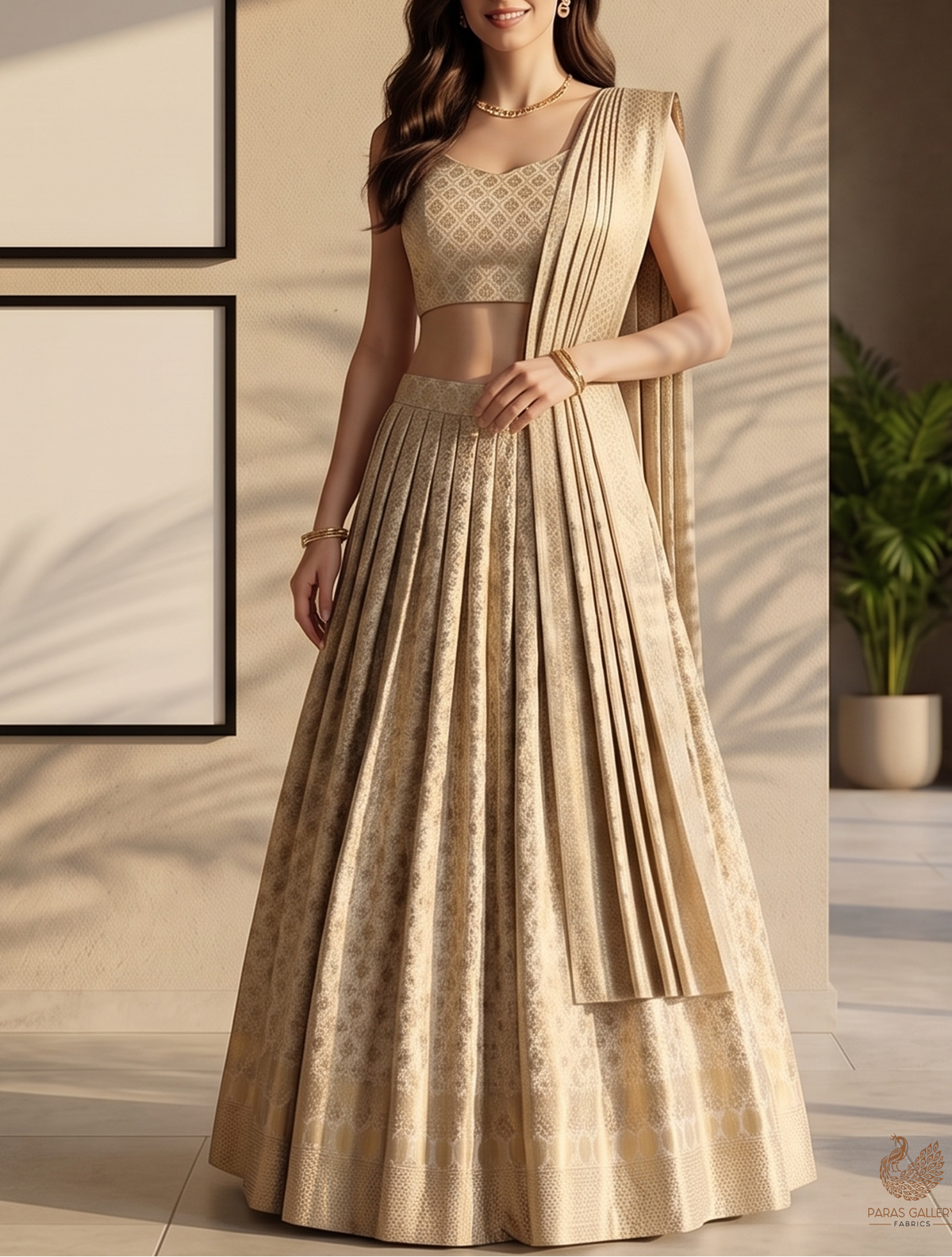Light Beige Banarasi Brocade Fabric With All Over Silver And Golden Zari Handloom  22932
