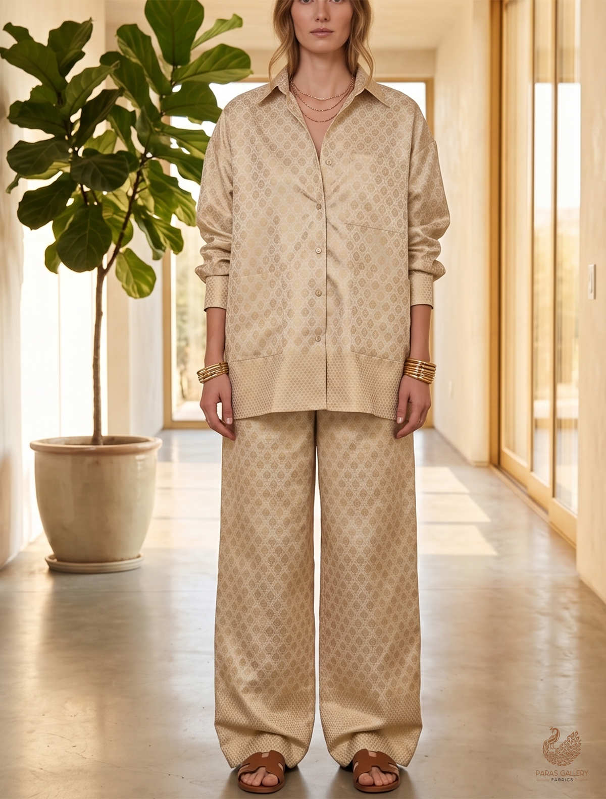 Light Beige Banarasi Brocade Fabric With All Over Silver And Golden Zari Handloom  22932