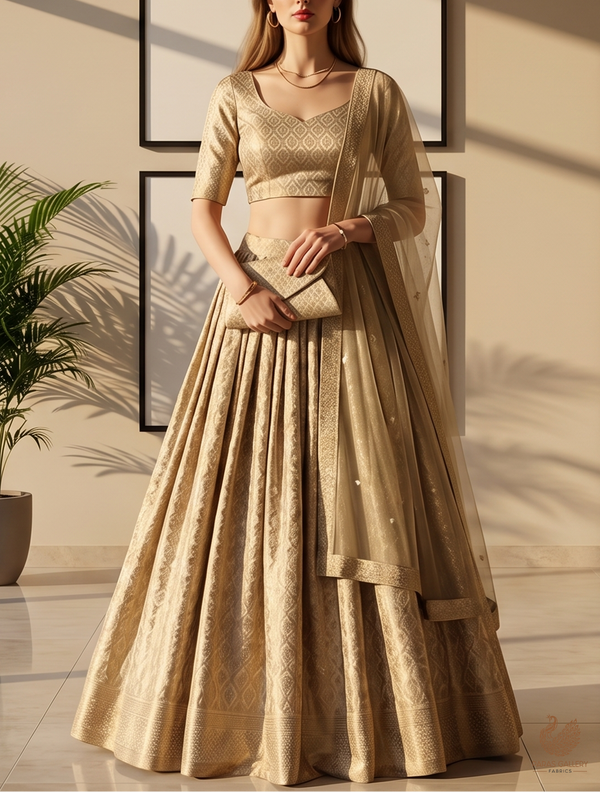 Light Beige Banarasi Brocade Fabric With All Over Silver And Golden Zari Handloom  22933
