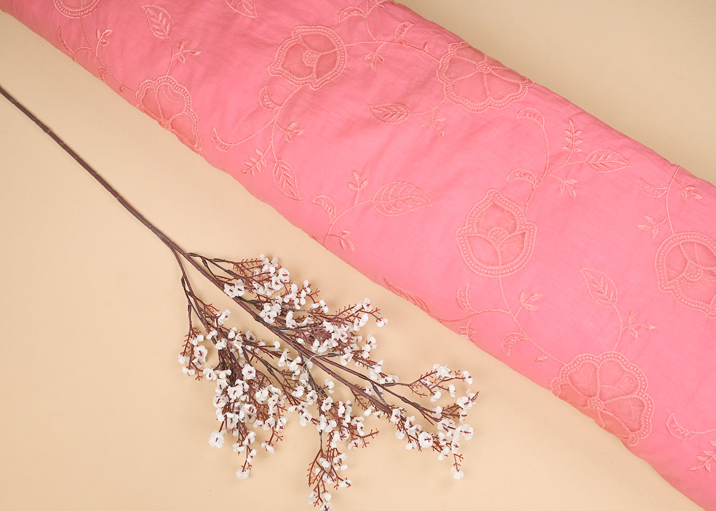 Baby Pink Chanderi Fabric With All Over Thread Work And Organza Cutwork 22992