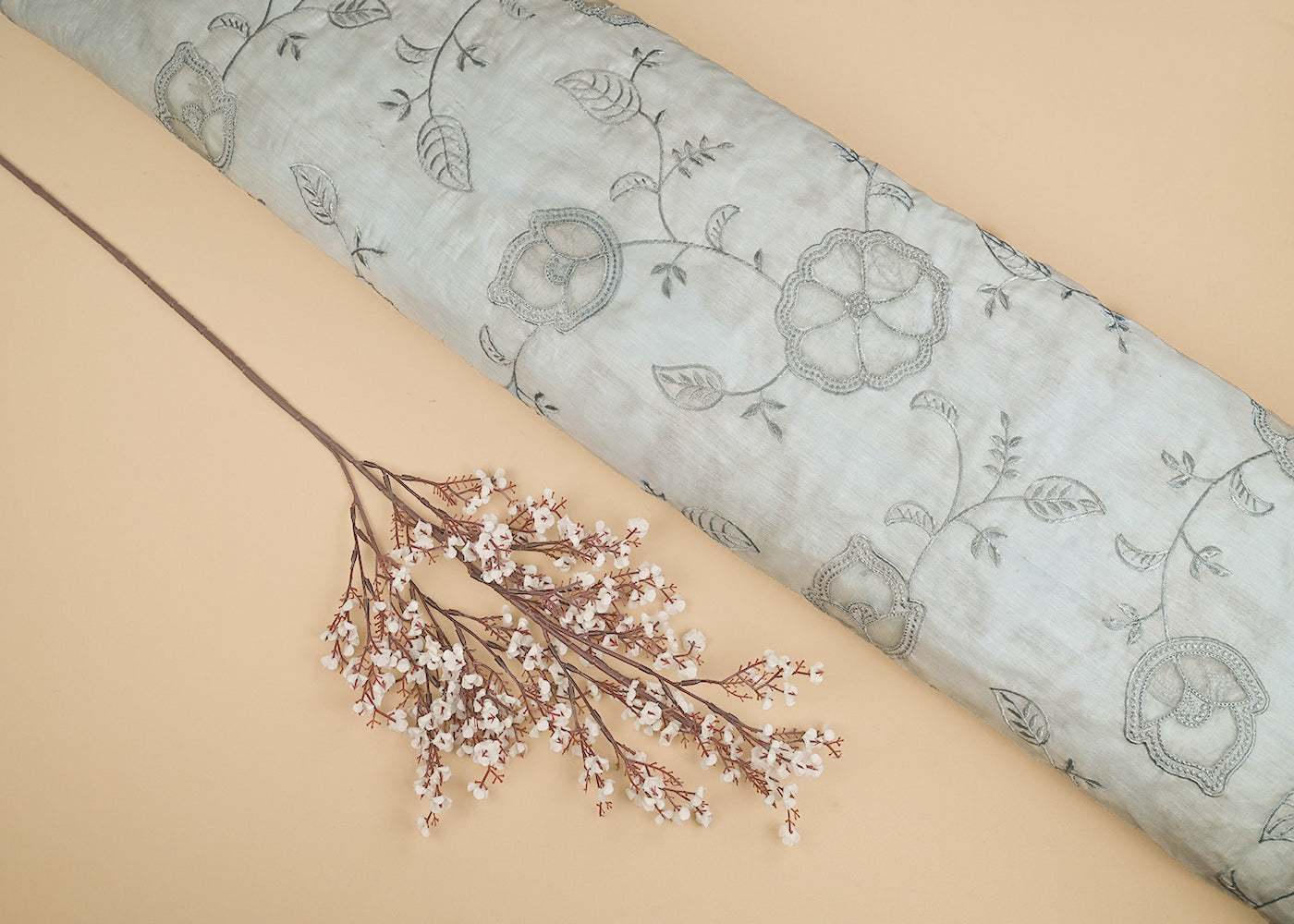 Powder Blue Chanderi Fabric With All Over Thread Work And Organza Cutwork 22993