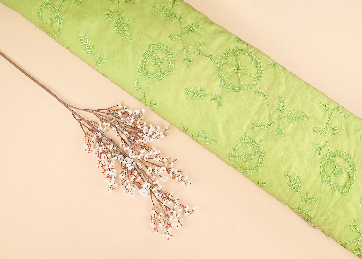 Pista Green Chanderi Fabric With All Over Thread Work And Organza Cutwork 22994