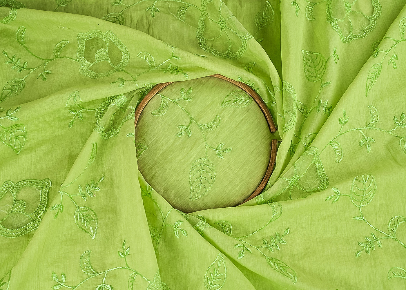 Pista-Green-Chanderi-Fabric-With-All-Over-Thread-Work-And-Organza-Cutwork-22994-close-view