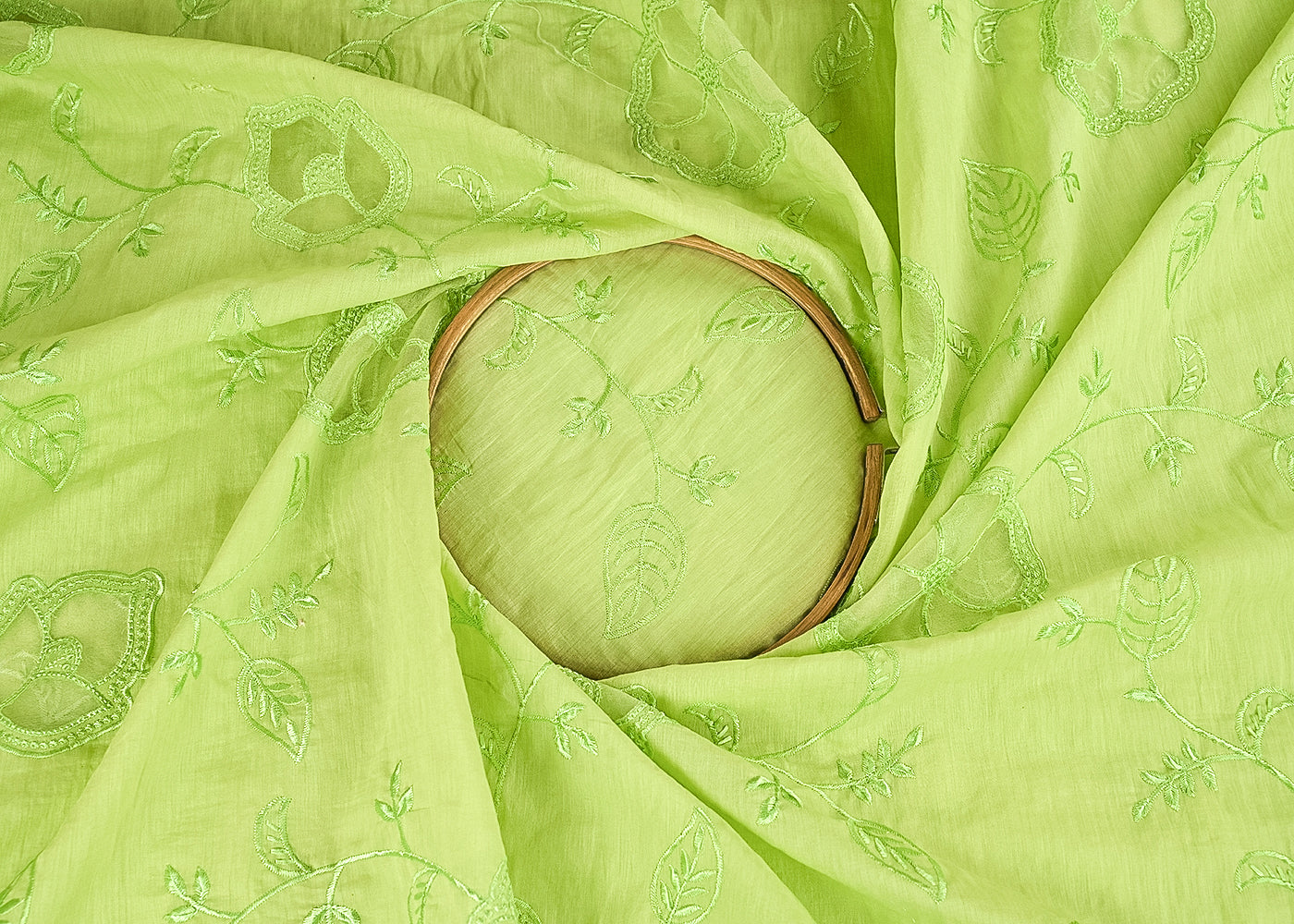 Pista Green Chanderi Fabric With All Over Thread Work And Organza Cutwork 22994