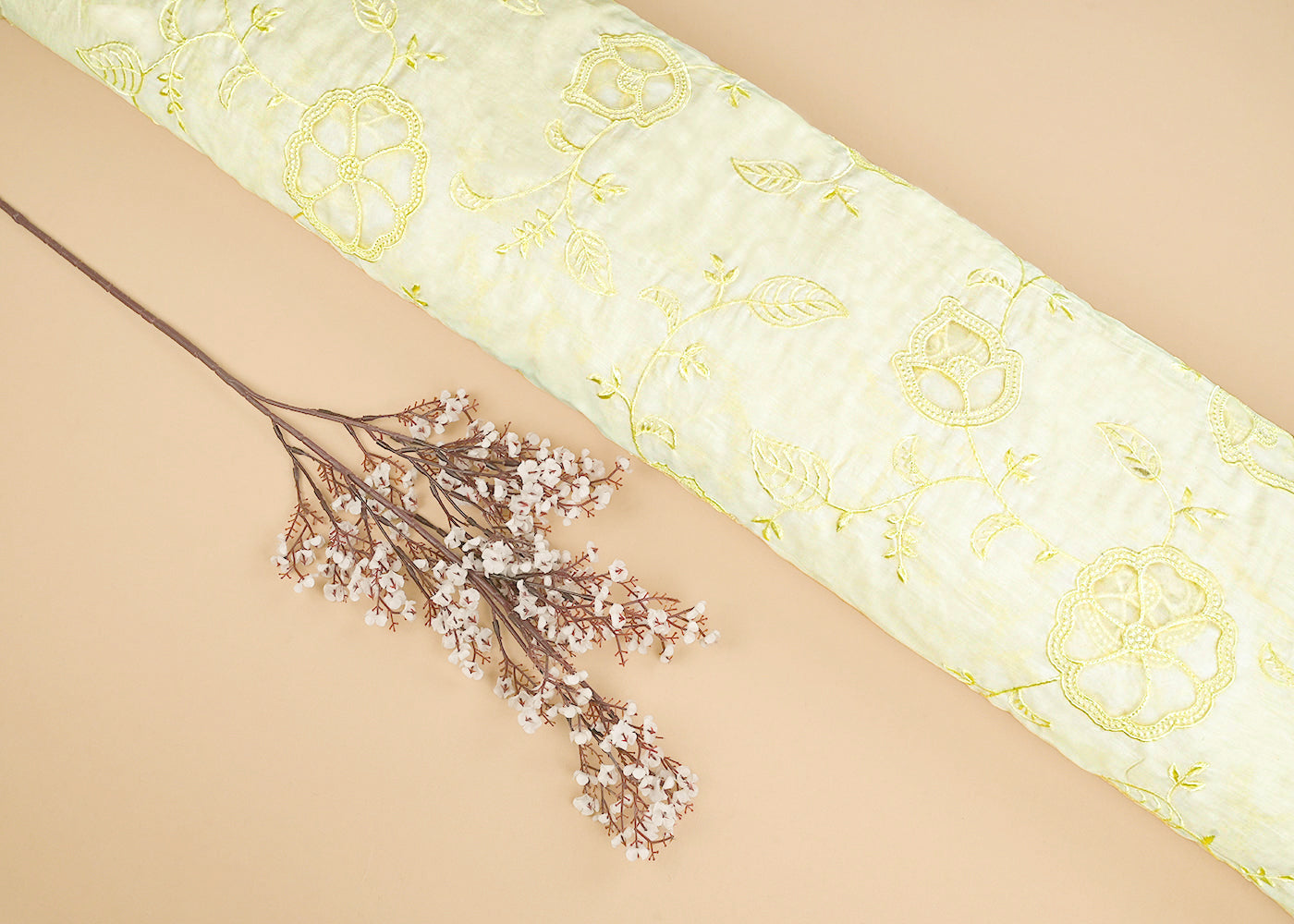 Pastel Yellow Chanderi Fabric With All Over Thread Work And Organza Cutwork 22995