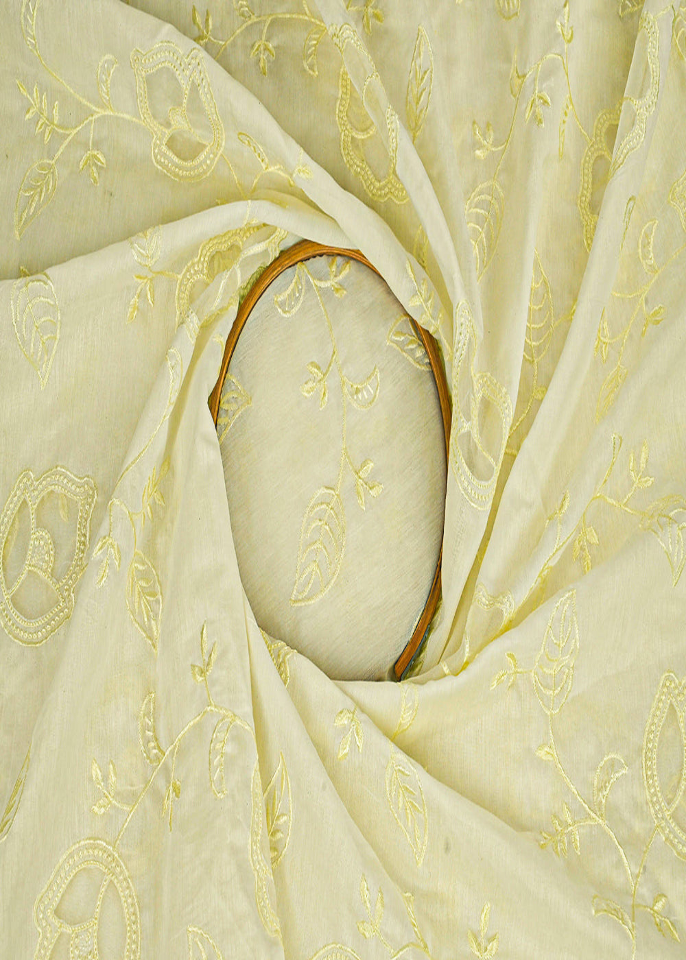 Pastel Yellow Chanderi Fabric With All Over Thread Work And Organza Cutwork 22995