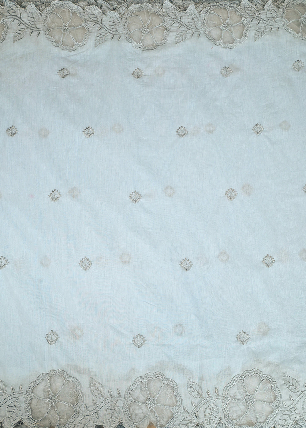 Powder Blue Chanderi Dupatta Fabric With All Over Thread Work And Two Side Organza Cutwork Border 22996
