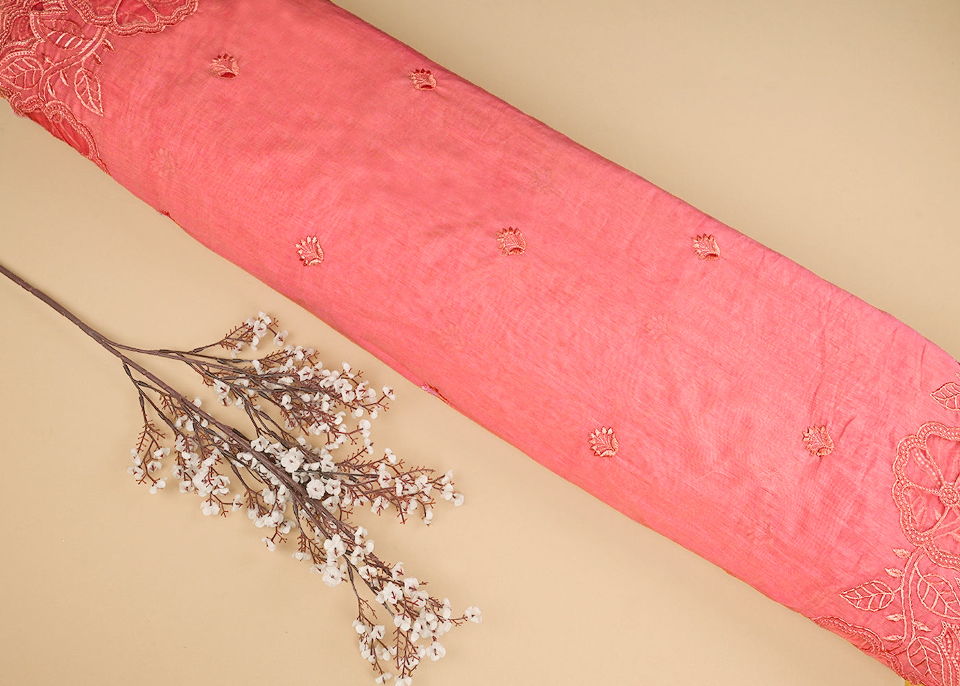 Baby Pink Chanderi Dupatta Fabric With All Over Thread Work And Two Side Organza Cutwork Border 22997
