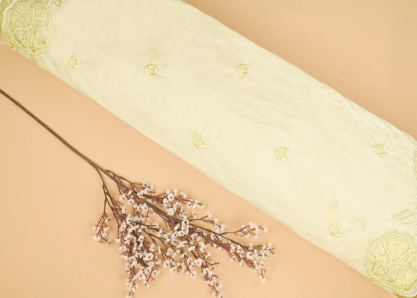 Pastel Yellow Chanderi Dupatta Fabric With All Over Thread Work And Two Side Organza Cutwork Border 22998