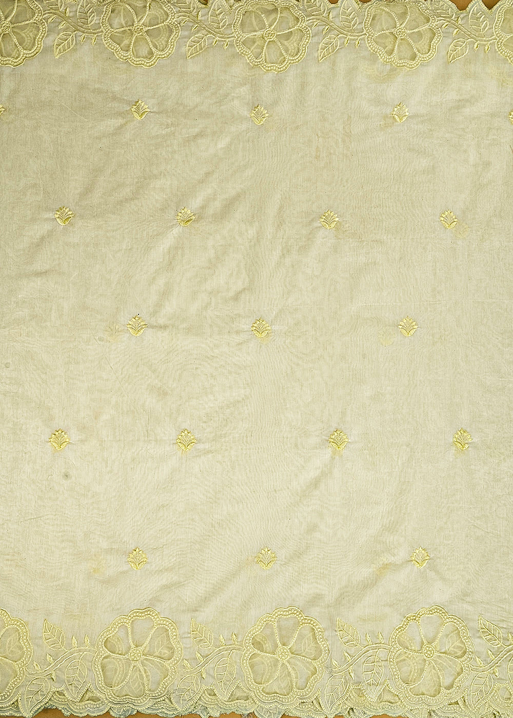 Pastel Yellow Chanderi Dupatta Fabric With All Over Thread Work And Two Side Organza Cutwork Border 22998