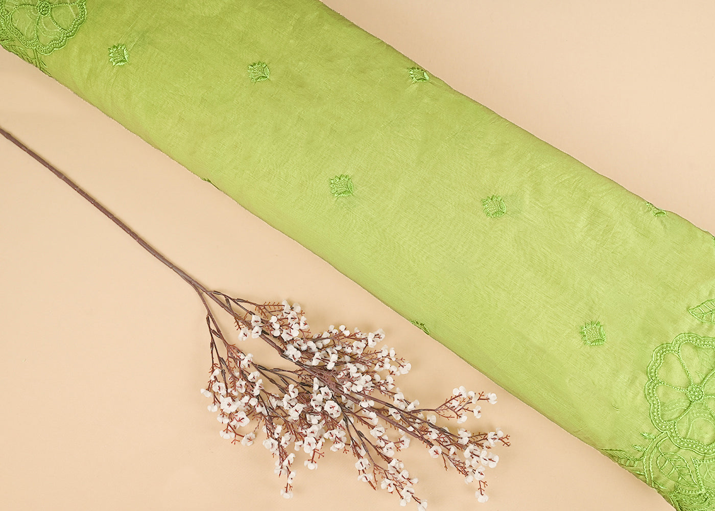 Pista Green Chanderi Dupatta Fabric With All Over Thread Work And Two Side Organza Cutwork Border 22999