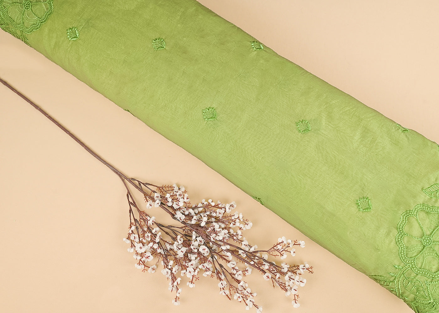 Pista-Green-Chanderi-Dupatta-Fabric-With-All-Over-Thread-Work-And-Two-Side-Organza-Cutwork-Border-22999