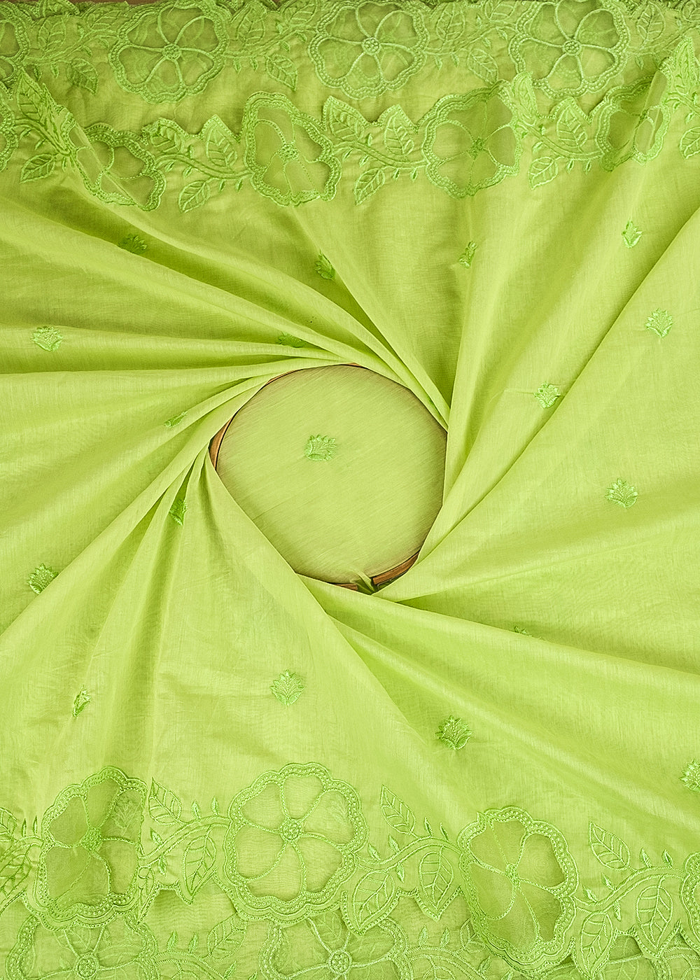 Pista Green Chanderi Dupatta Fabric With All Over Thread Work And Two Side Organza Cutwork Border 22999