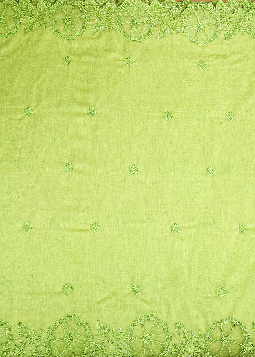 Pista Green Chanderi Dupatta Fabric With All Over Thread Work And Two Side Organza Cutwork Border 22999