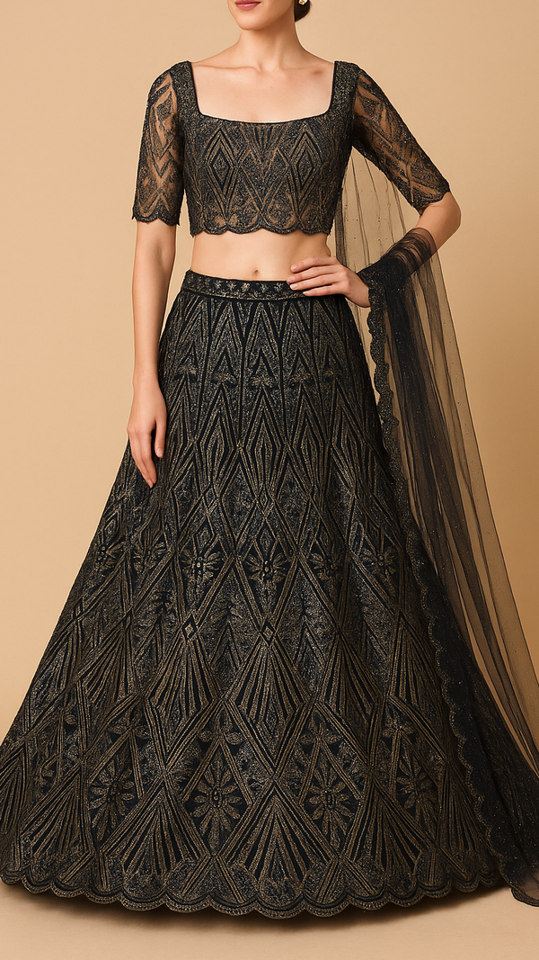 Black Imported Net Fabric With All Over Bead And Sequins Work With Two Side Scalloped Border 19356