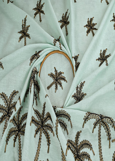 Aqua Mist Cotton Linen Fabric With All Over Ribbon Work With One Side Border 23000