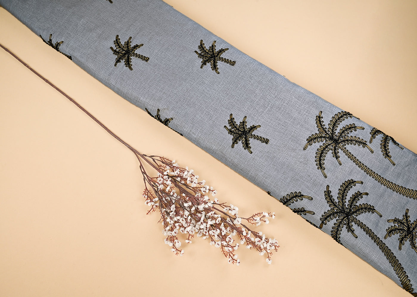 Grey Cotton Linen Fabric With All Over Ribbon Work With One Side Border 23002