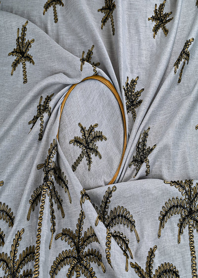 Grey Cotton Linen Fabric With All Over Ribbon Work With One Side Border 23002