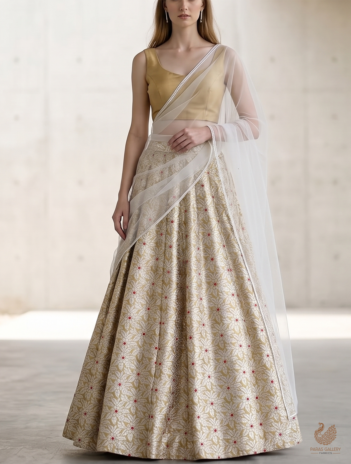 Golden Banarasi Brocade Fabric With All Over Golden Zari Handloom 23005