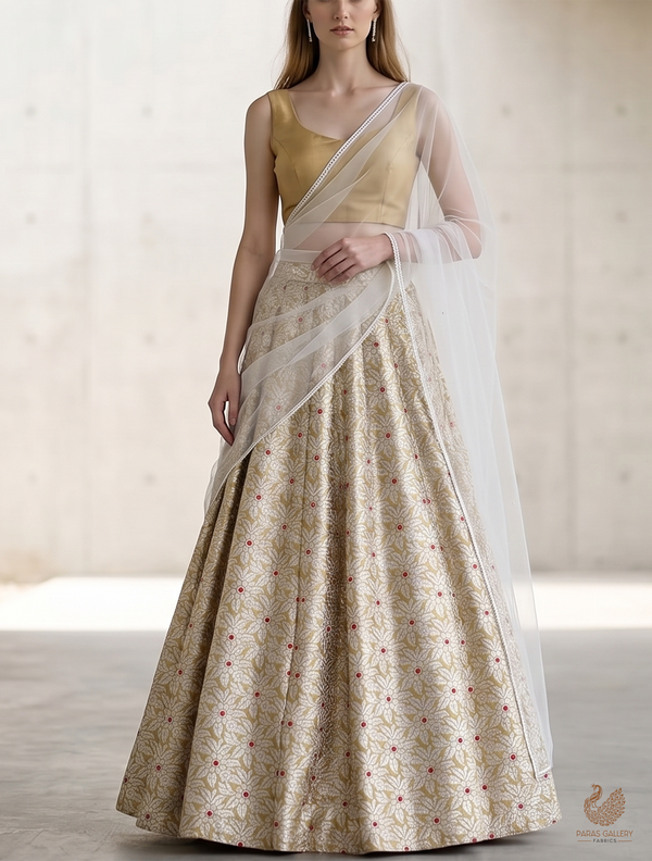 Golden Banarasi Brocade Fabric With All Over Golden Zari Handloom 23005