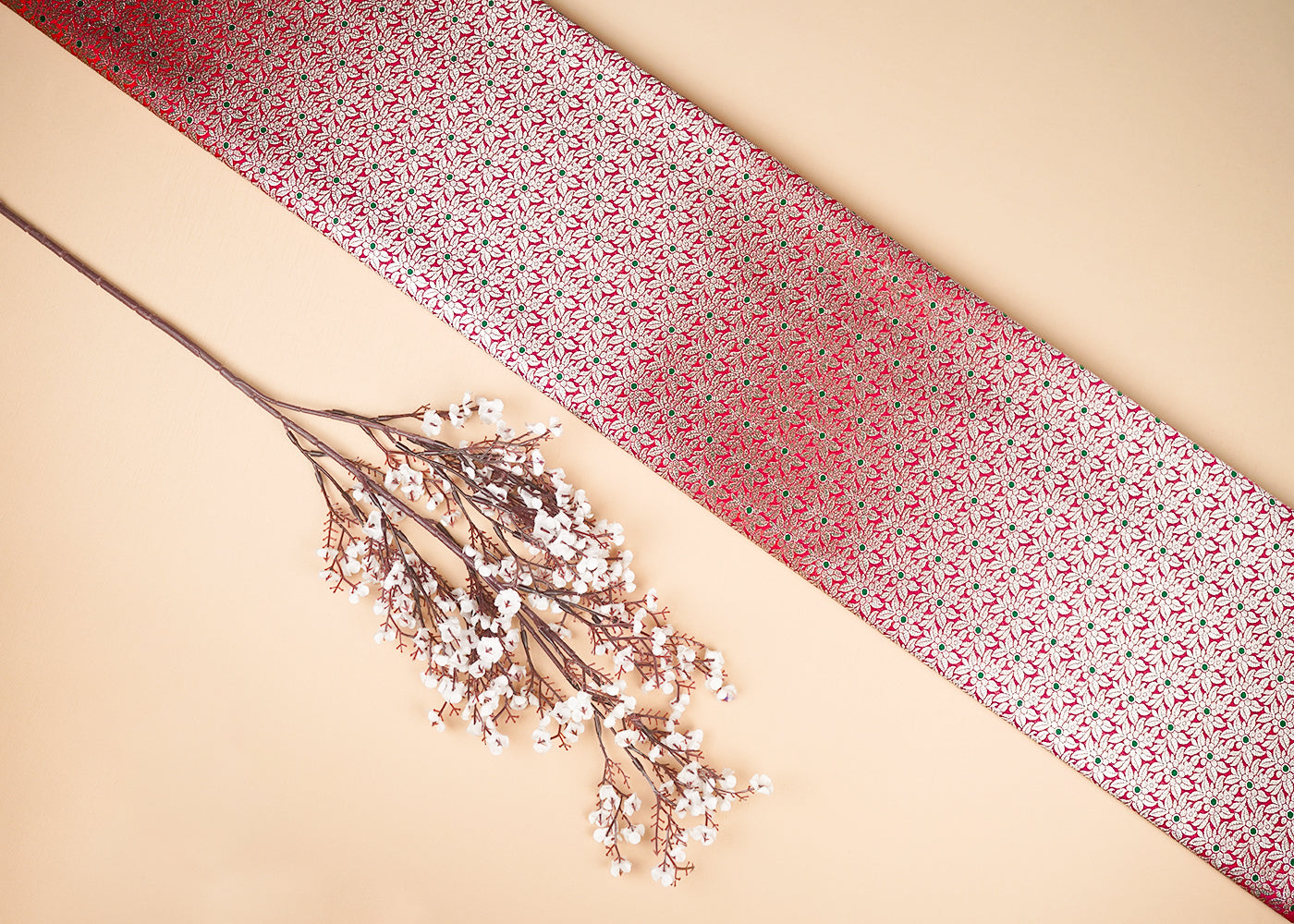 Red Banarasi Brocade Fabric With All Over Golden Zari Handloom 23006