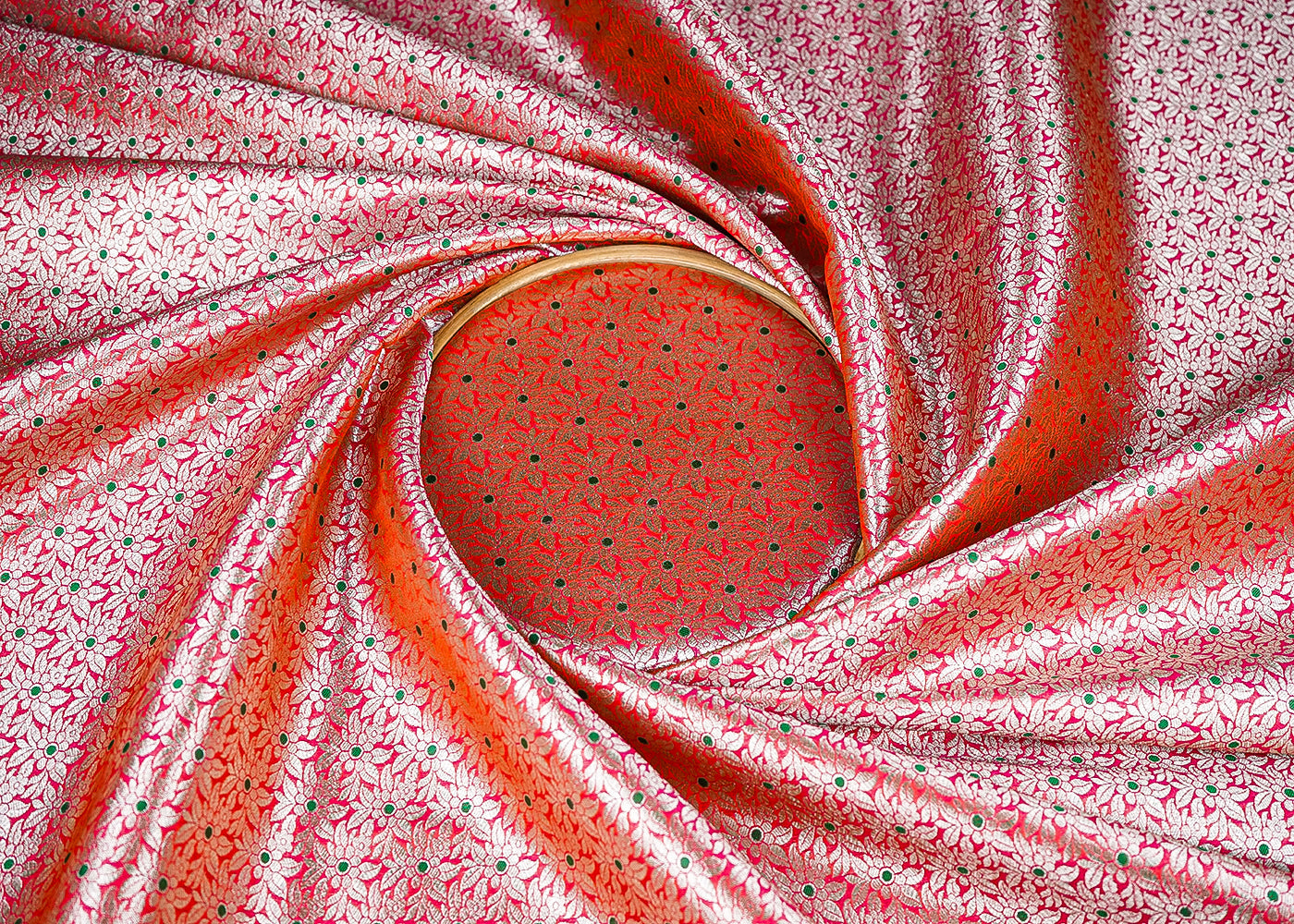 Red Banarasi Brocade Fabric With All Over Golden Zari Handloom 23006