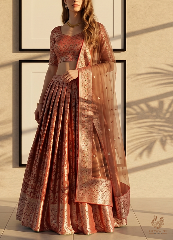 Red Banarasi Brocade Fabric With All Over Dull Gold Zari Handloom 23006