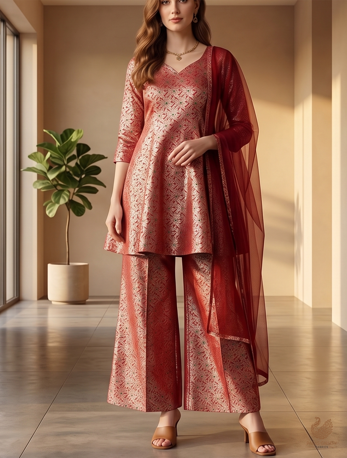 Red Banarasi Brocade Fabric With All Over Dull Gold Zari Handloom 23006