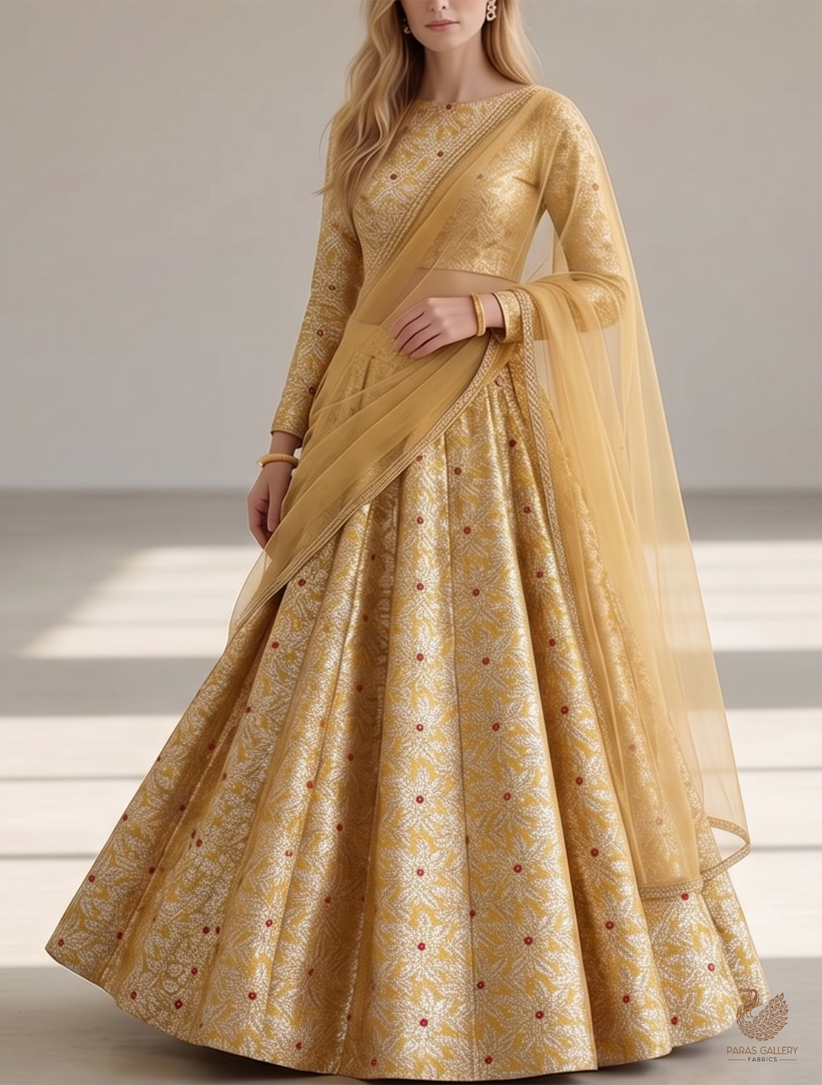 Mustard Banarasi Brocade Fabric With All Over Golden Zari Handloom 23008