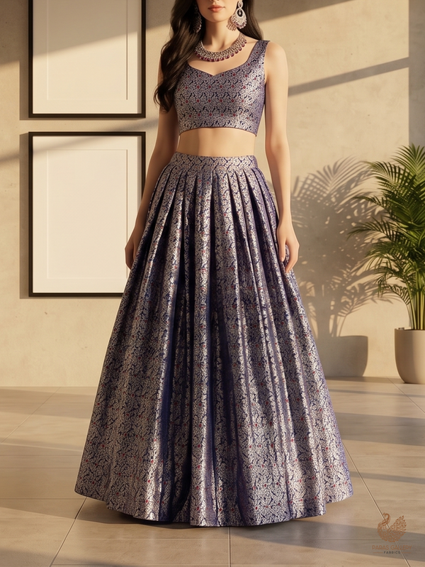 Royal Blue Banarasi Brocade Fabric With All Over Dull Gold Zari Handloom 23009