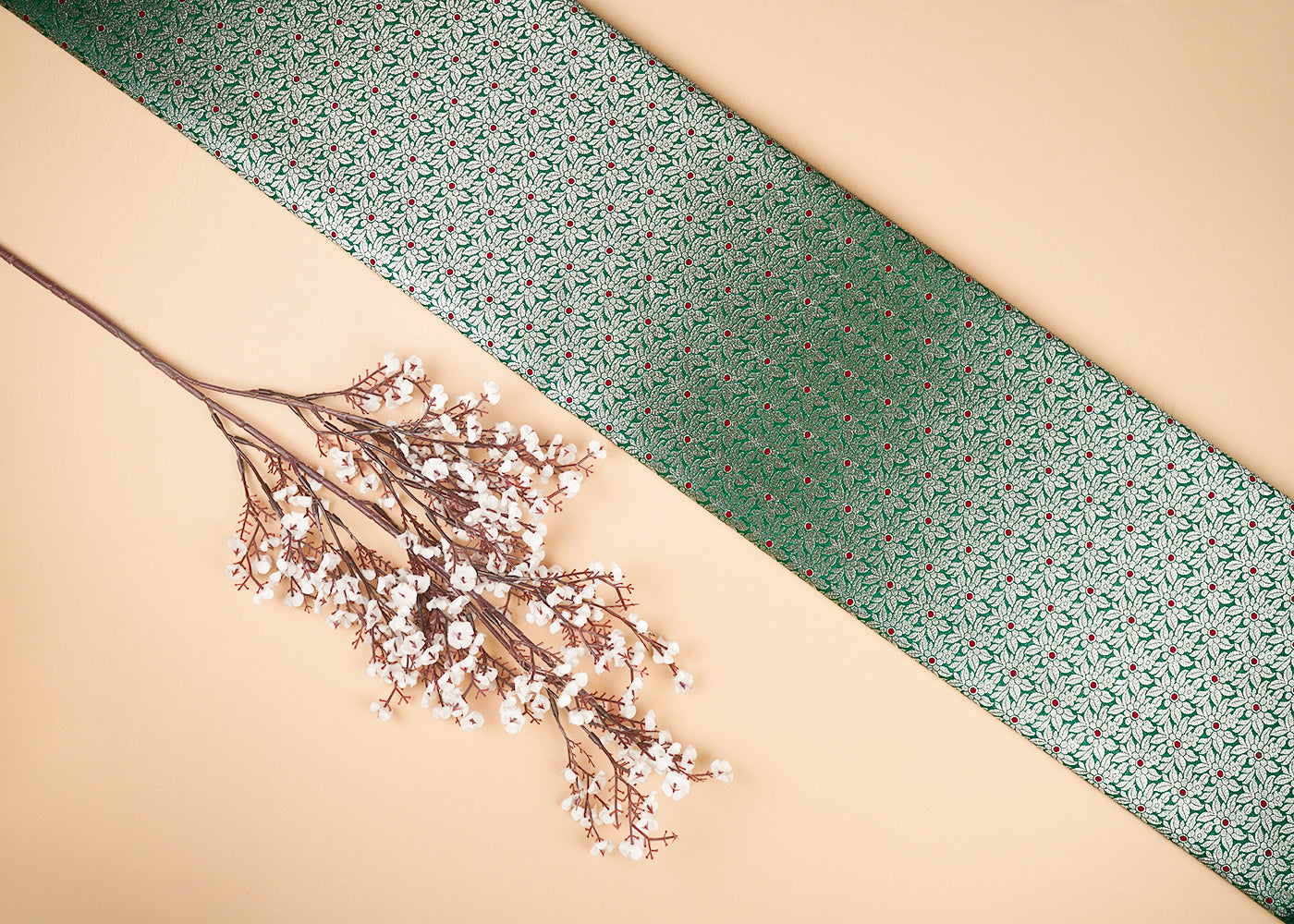 Green Banarasi Brocade Fabric With All Over Golden Zari Handloom 23010