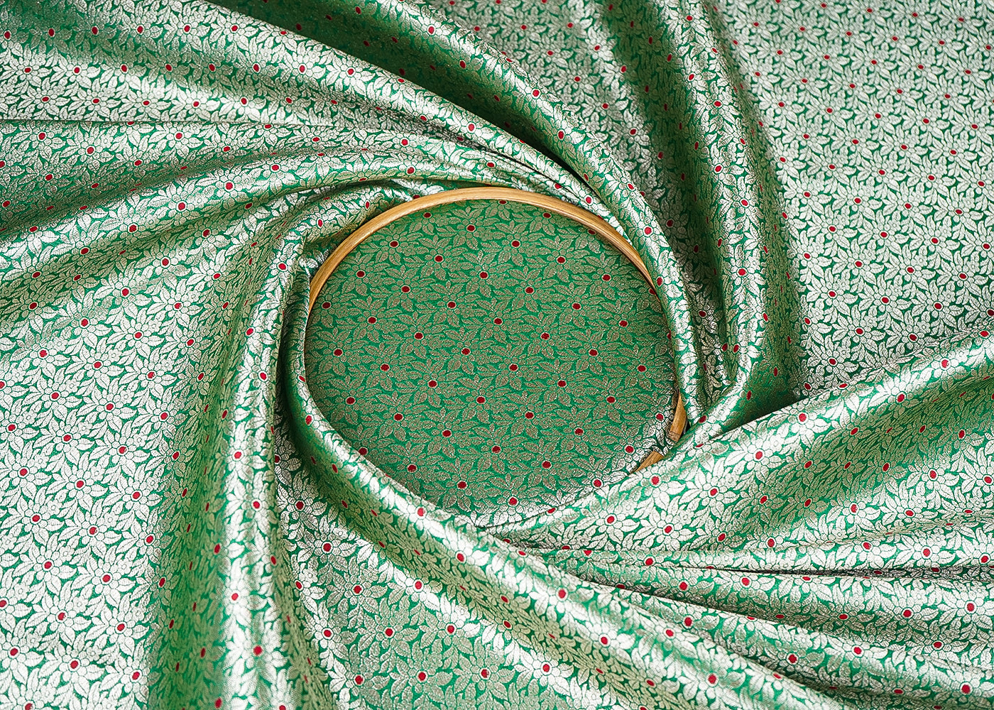 Green Banarasi Brocade Fabric With All Over Golden Zari Handloom 23010