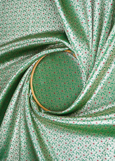 Green Banarasi Brocade Fabric With All Over Dull Gold Zari Handloom 23010