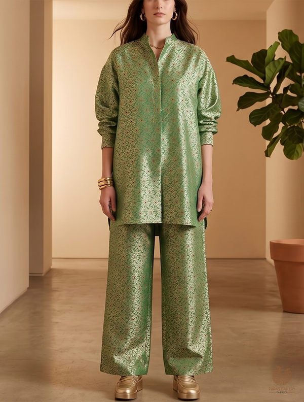 Green Banarasi Brocade Fabric With All Over Dull Gold Zari Handloom 23010