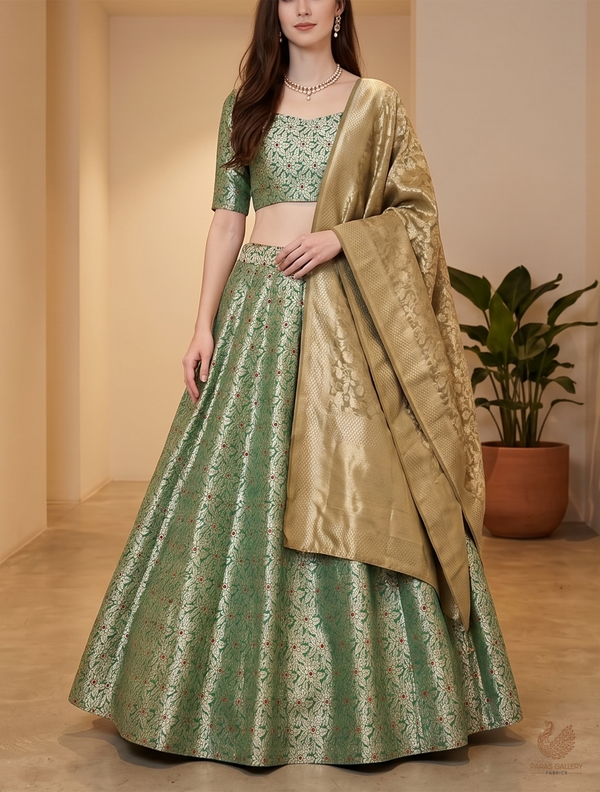 Green Banarasi Brocade Fabric With All Over Dull Gold Zari Handloom 23010