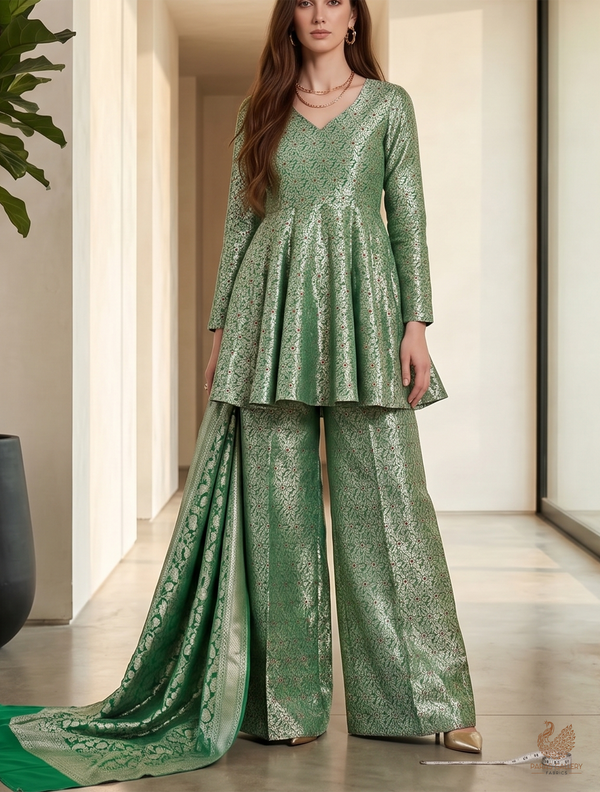 Green Banarasi Brocade Fabric With All Over Dull Gold Zari Handloom 23010