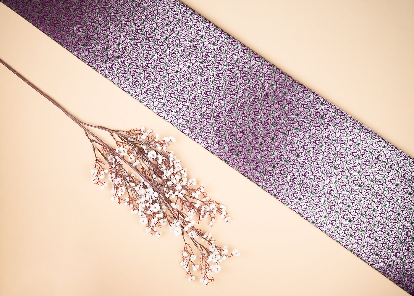 Purple Banarasi Brocade Fabric With All Over Golden Zari Handloom 23011