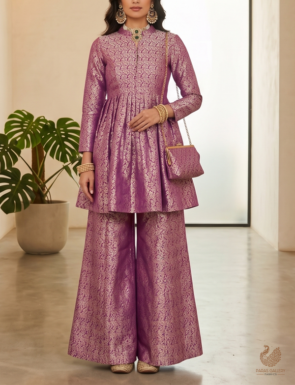 Purple Banarasi Brocade Fabric With All Over Dull Gold Zari Handloom 23011