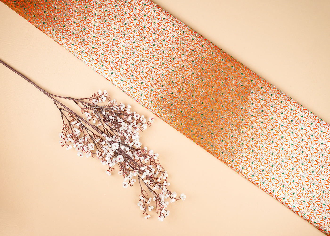 Orange Banarasi Brocade Fabric With All Over Golden Zari Handloom 23012