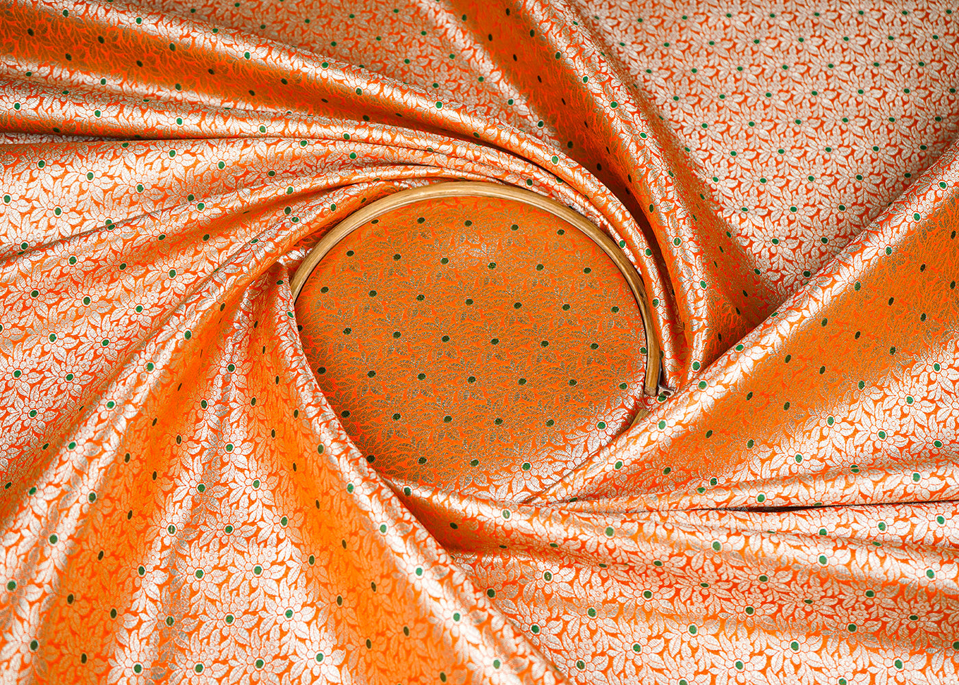 Orange Banarasi Brocade Fabric With All Over Golden Zari Handloom 23012