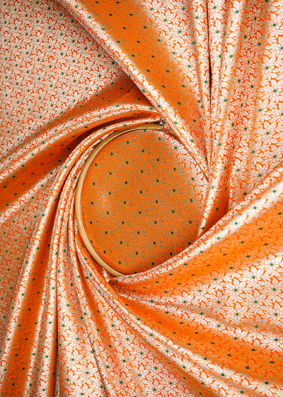 Orange Banarasi Brocade Fabric With All Over Dull Gold Zari Handloom 23012